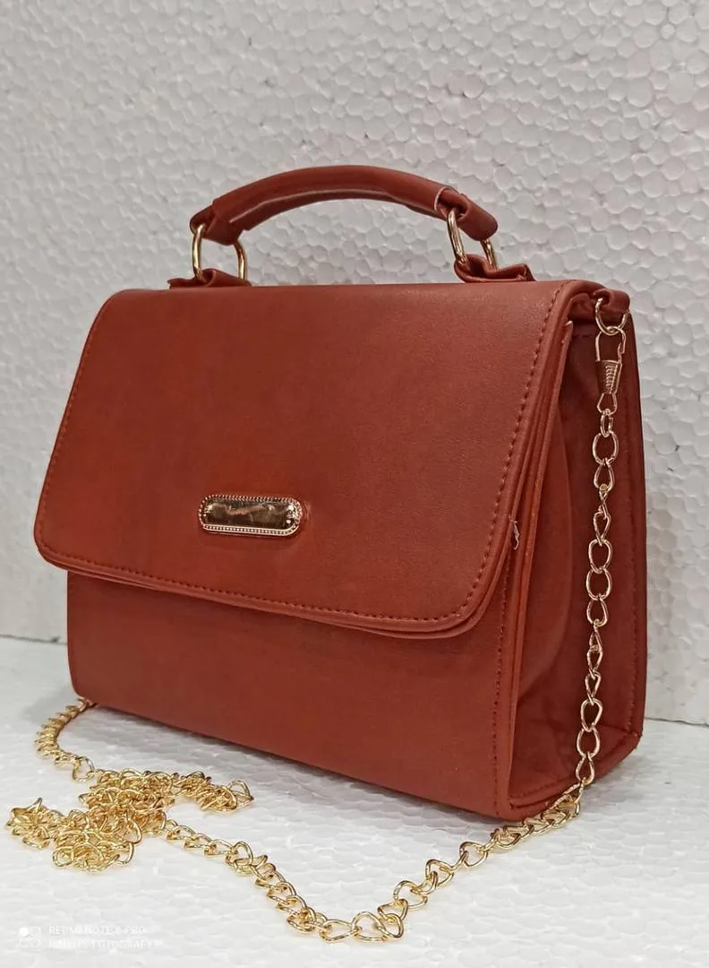 Women's Regular Size Solid Brown Artificial Leather Handheld Bag