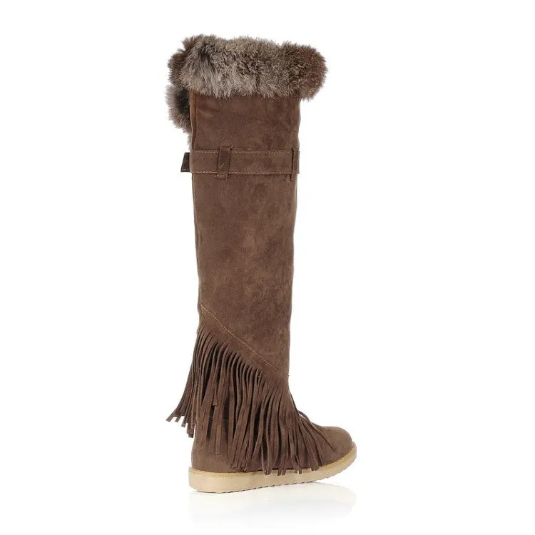 Women's Suede Round Toe Tassel Belts Buckles Fur Knee High Boots