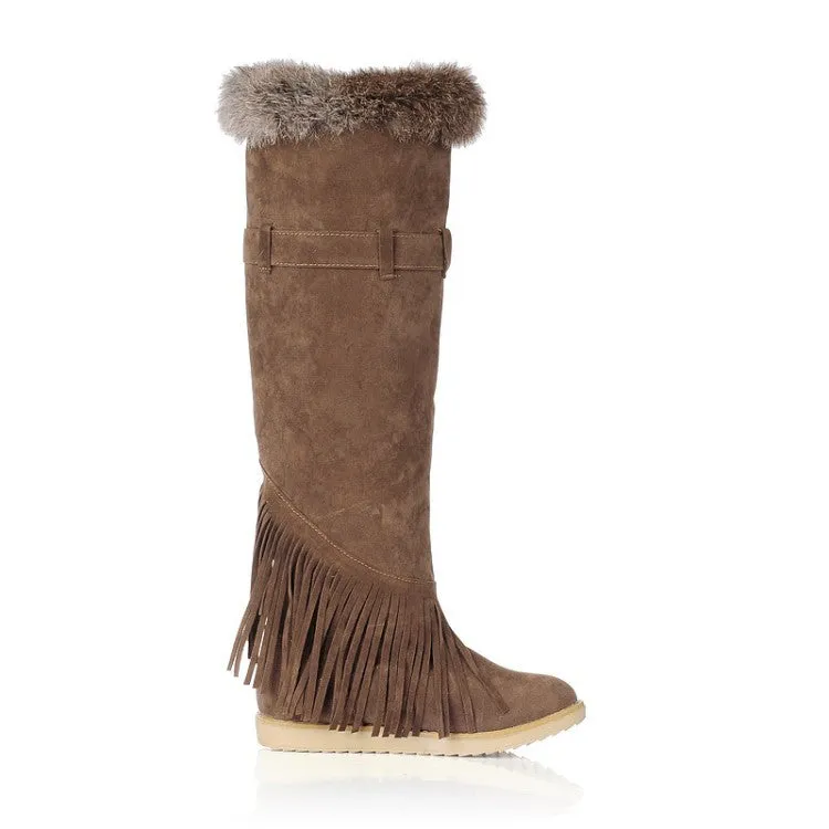 Women's Suede Round Toe Tassel Belts Buckles Fur Knee High Boots