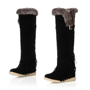 Women's Suede Round Toe Tassel Belts Buckles Fur Knee High Boots