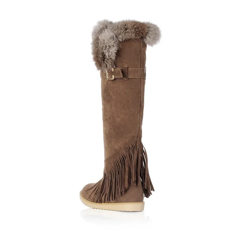 Women's Suede Round Toe Tassel Belts Buckles Fur Knee High Boots