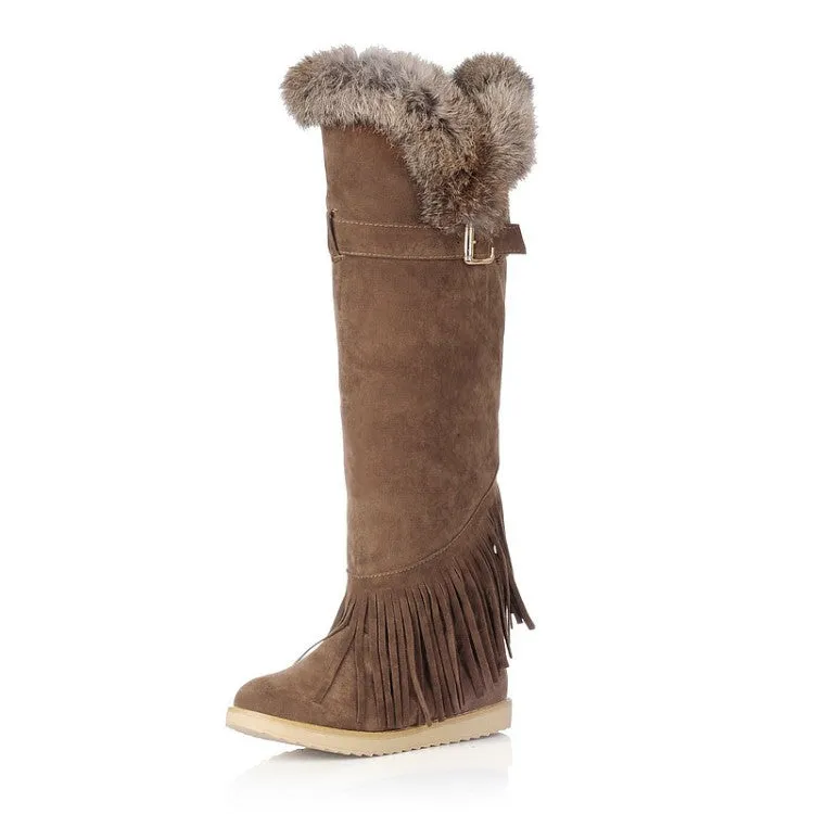 Women's Suede Round Toe Tassel Belts Buckles Fur Knee High Boots