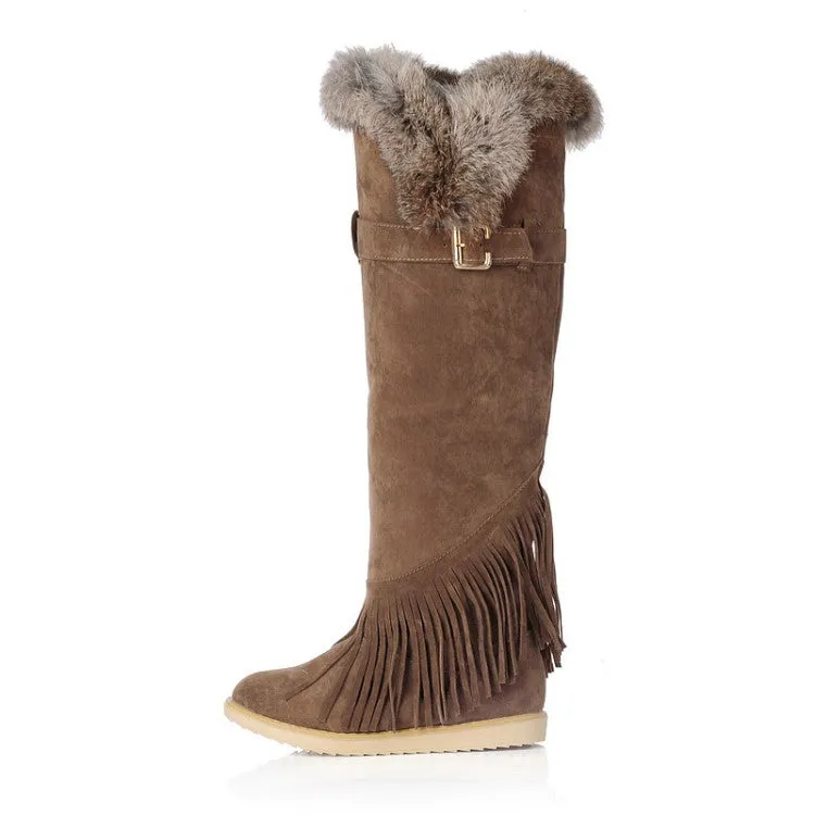 Women's Suede Round Toe Tassel Belts Buckles Fur Knee High Boots