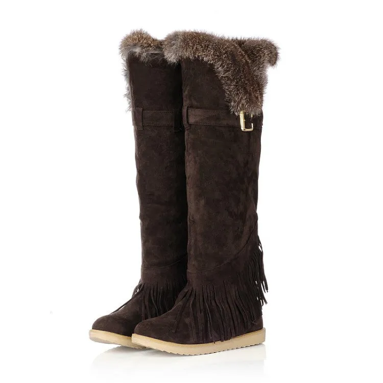 Women's Suede Round Toe Tassel Belts Buckles Fur Knee High Boots