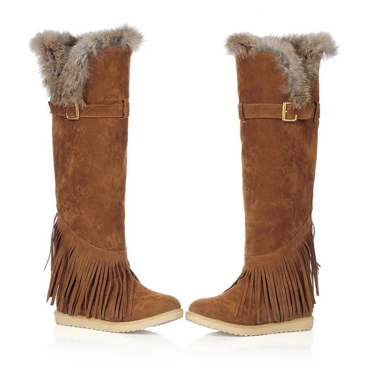Women's Suede Round Toe Tassel Belts Buckles Fur Knee High Boots