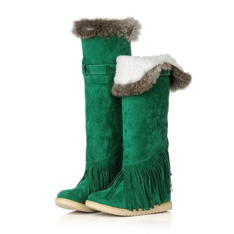 Women's Suede Round Toe Tassel Belts Buckles Fur Knee High Boots