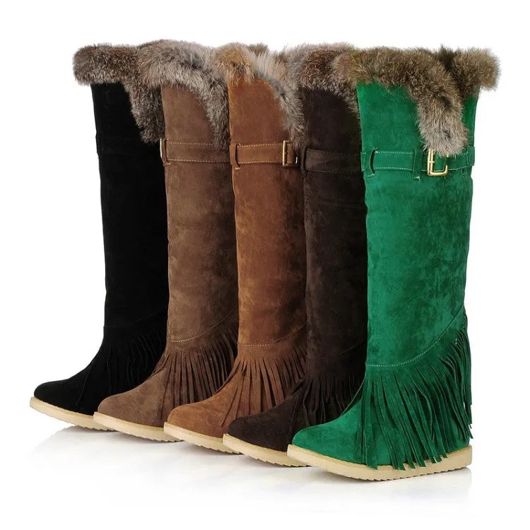 Women's Suede Round Toe Tassel Belts Buckles Fur Knee High Boots